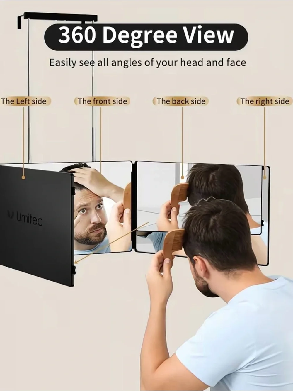 Overdoor Black Tri-Fold Grooming Mirror with Storage Tray